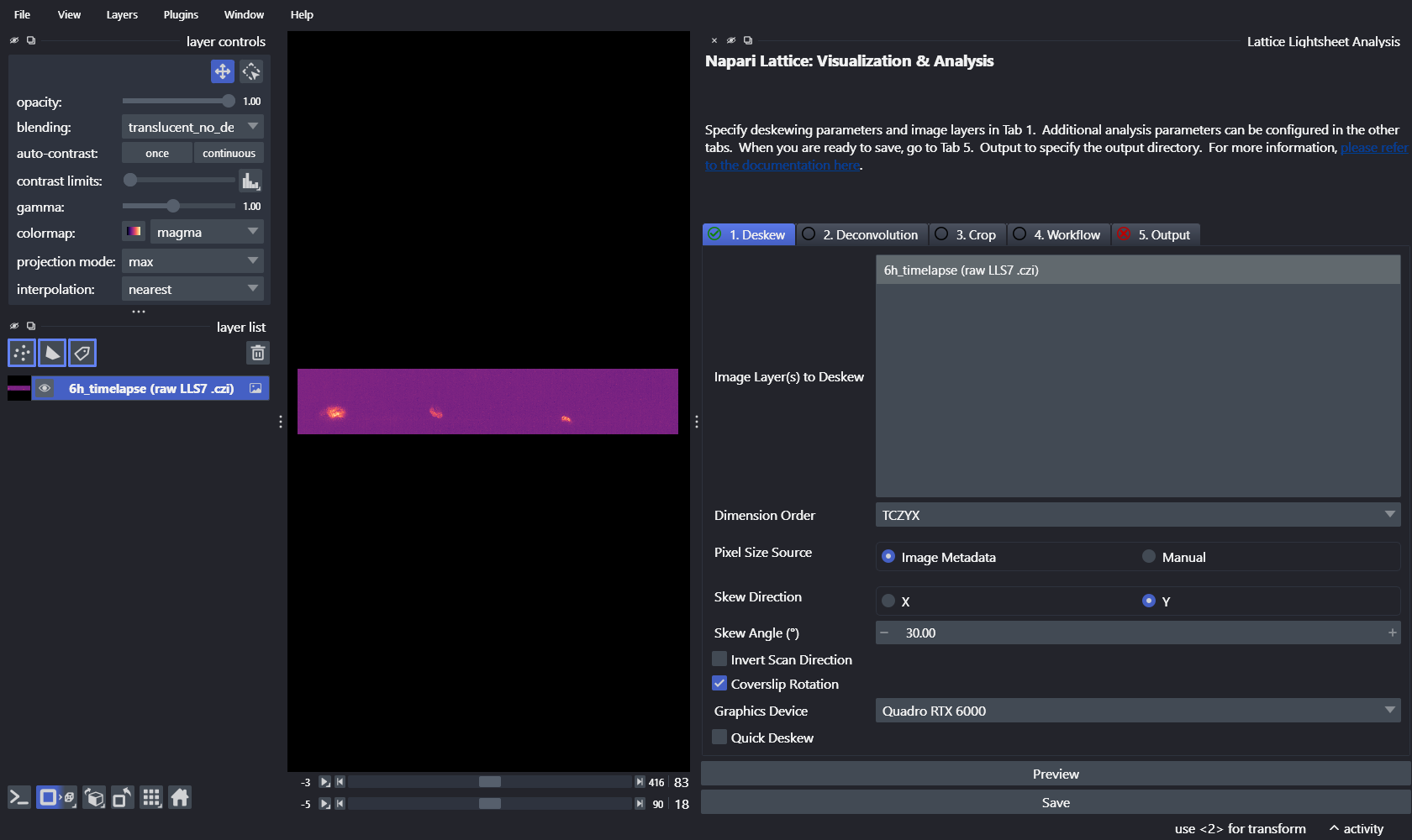 napari-lattice Deskew tab with the neutrophil LLS7 timelapse loaded, using metadata-derived pixel sizes and default LLS7 deskew settings