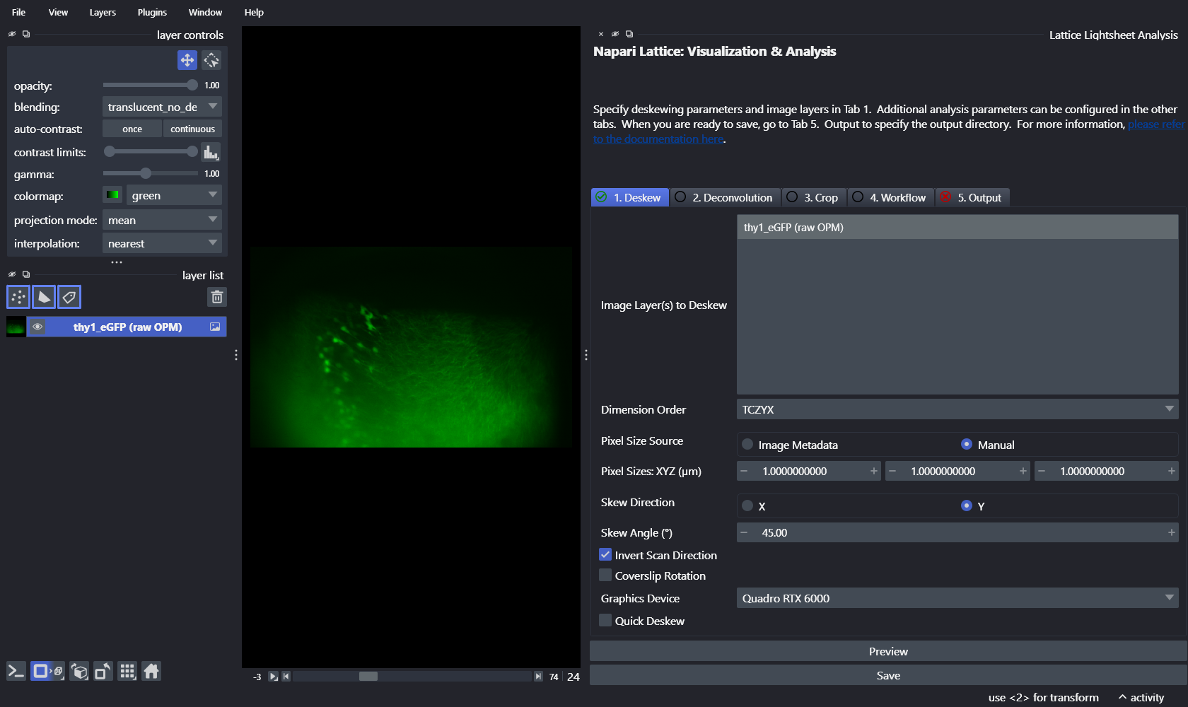 OPM dataset loaded in napari with the napari-lattice Deskew tab