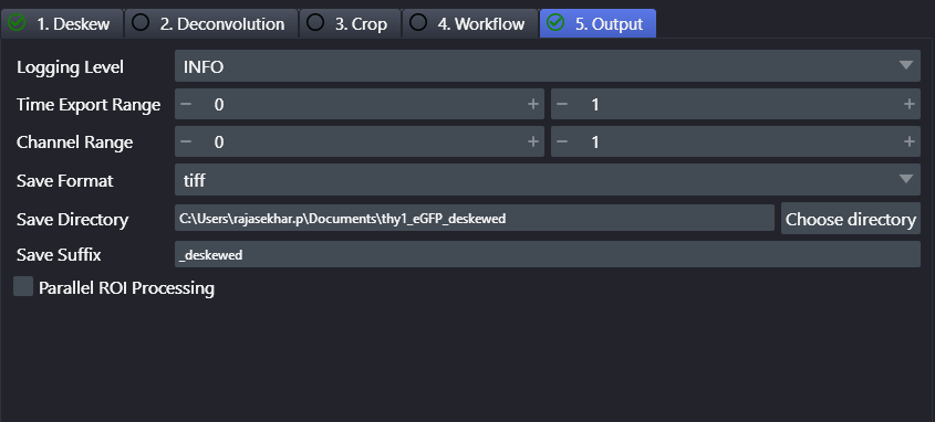 napari-lattice Output tab configured to save the deskewed thy1_eGFP dataset as OME-TIFF