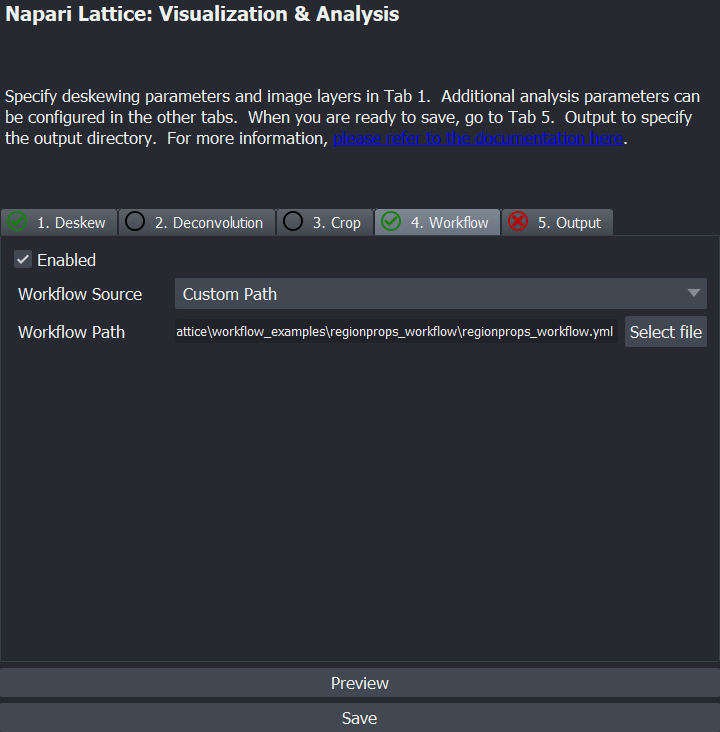 Workflow tab with the regionprops workflow loaded